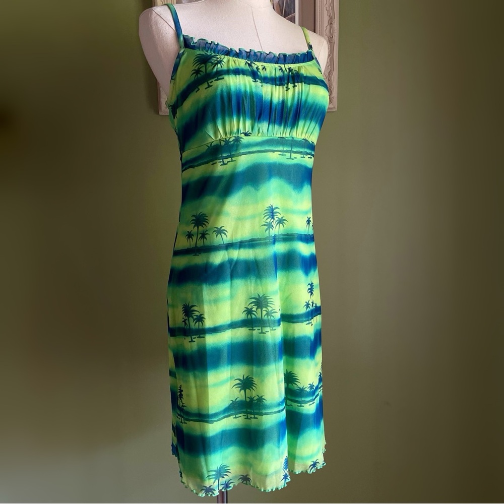 Vintage 90s/Y2K Empire Waist Tropical Mesh Mini Dress with Lettuce Hem
